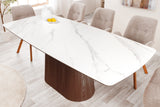 Dining table UNIQUE 200cm frame dark walnut wood veneered ceramic white marble top