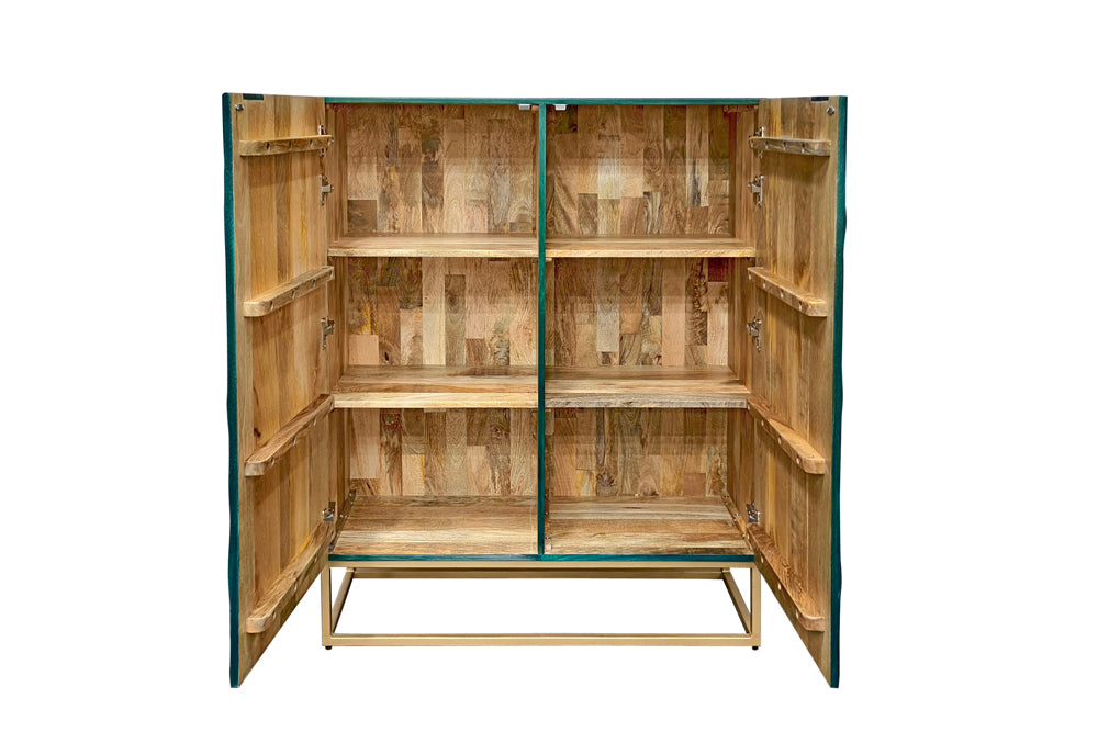 Highboard SCORPION 120cm 3D Mango Massivholz türkis Metallgestell gold