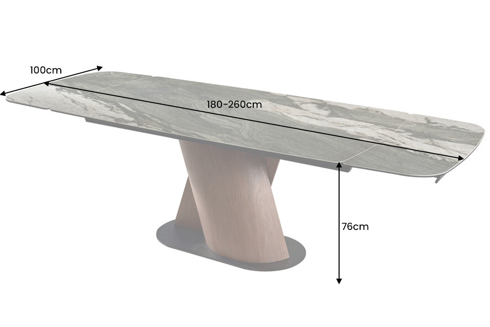 Esstisch ELEMENTS 180-260cm ausziehbar Walnussgestell mit Keramikplatte Taupegrau Marmoroptik