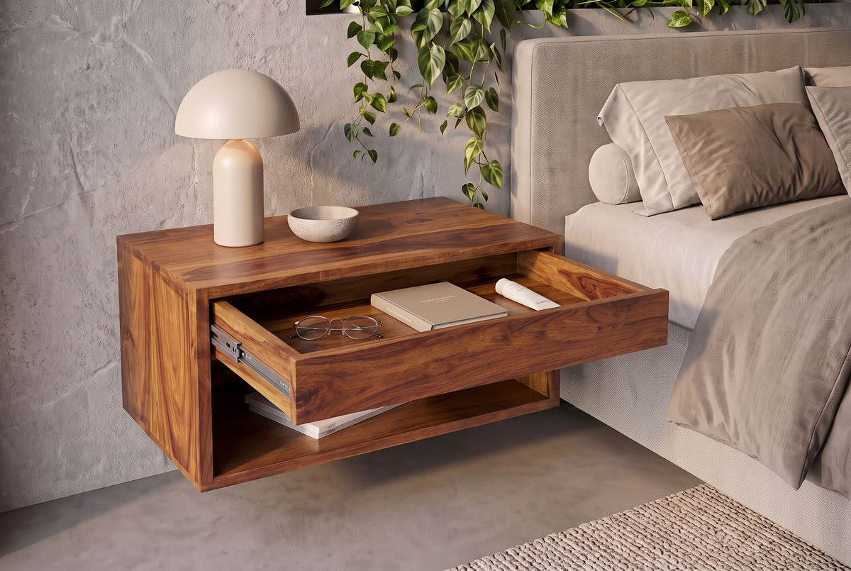 Nachtschrank LAGOS 50cm hängend Sheesham massiv braun Stein-Finish