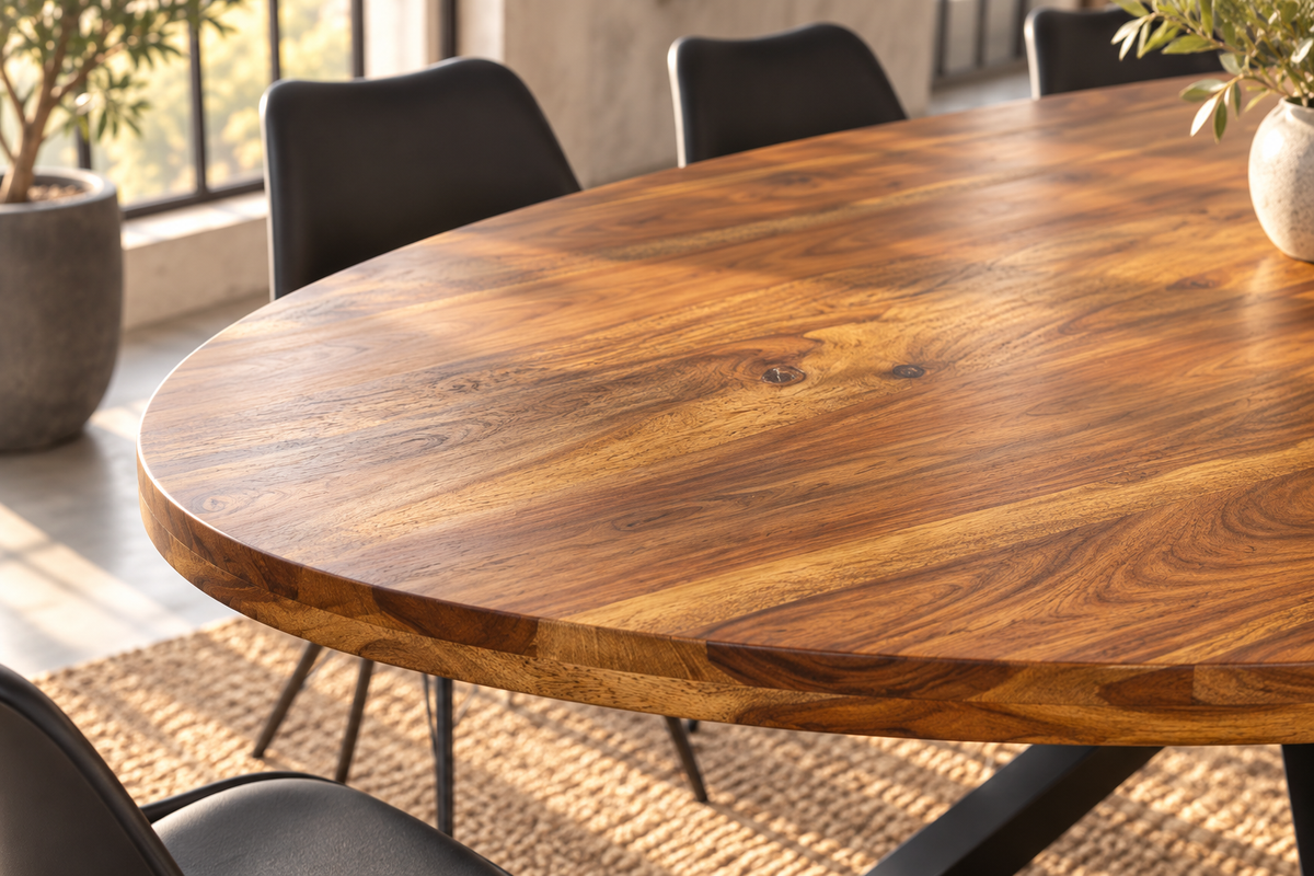 Esstisch GALAXIE 240cm oval Sheeshamholz braun Stein-Finish mit schwarzem Sterngestell