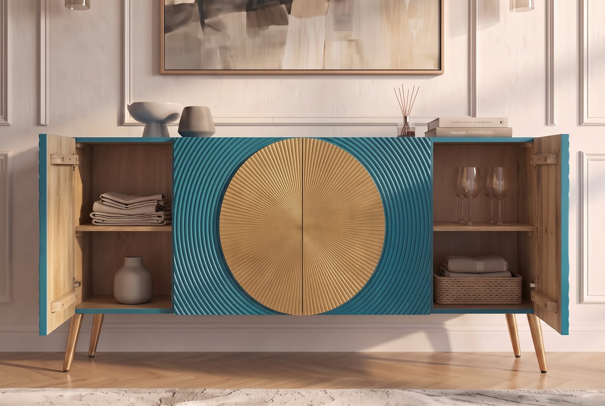 Sideboard AURUM 180cm textured front gold circle accent mango wood turquoise gold metal feet