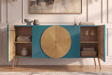 Sideboard AURUM 180cm textured front gold circle accent mango wood turquoise gold metal feet