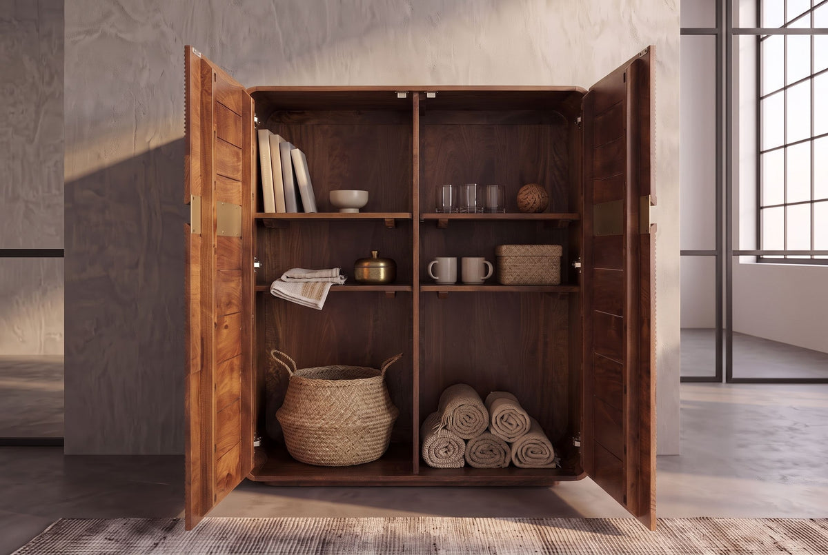Highboard MONZA 120cm fluted front rounded edges mango wood brown w/ gold details