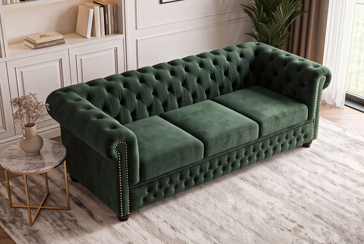 Sofa CHESTERFIELD 3-seater button tufted velvet emerald green w/ decorative stud trim