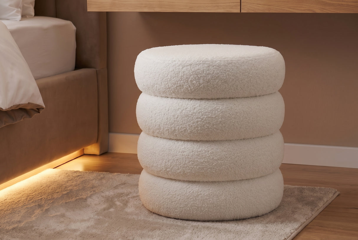 Stool VOGUE 40cm round upholstered w/ storage space bouclè white