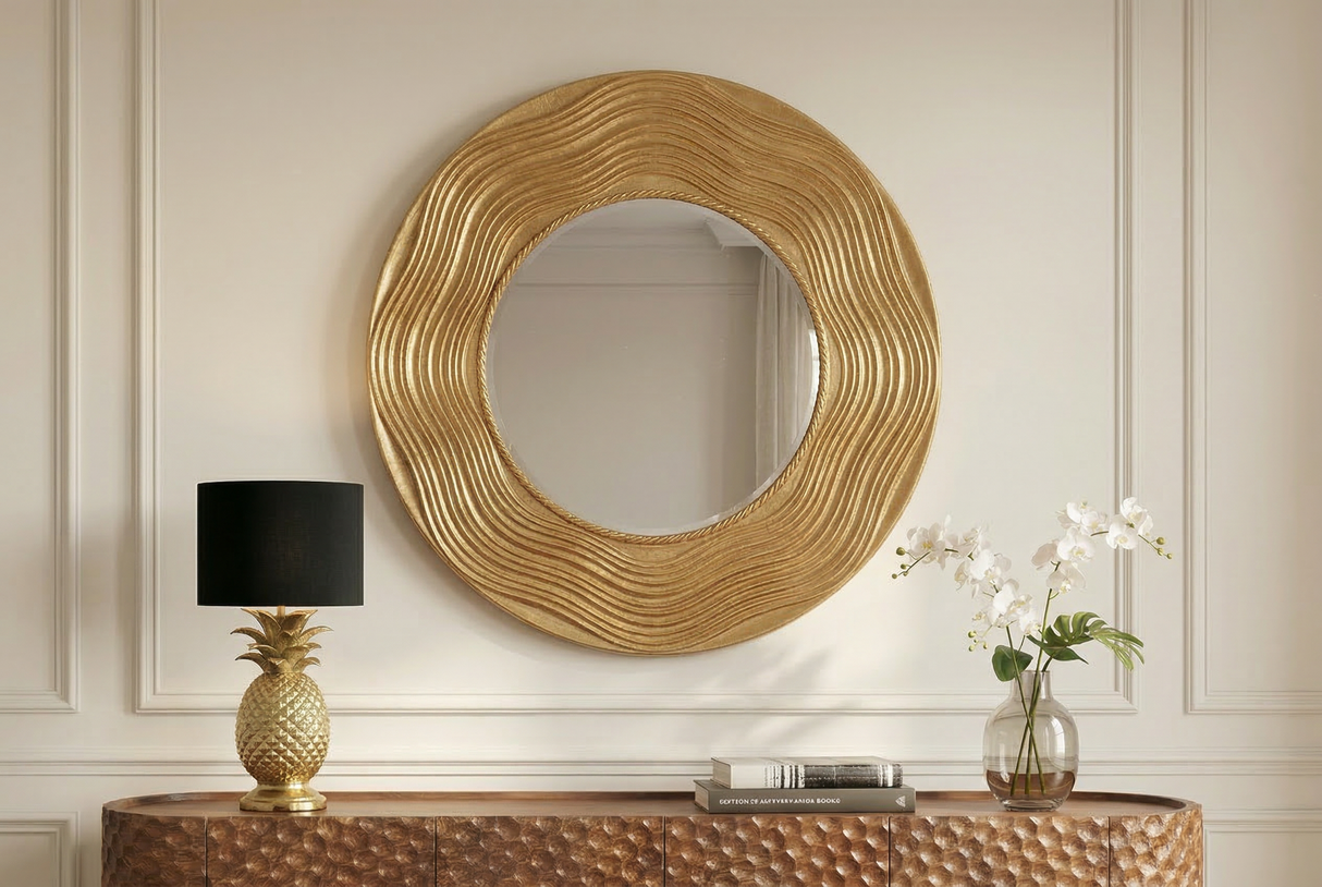 Wall mirror CIRCLE 100cm paulownia wood round gold