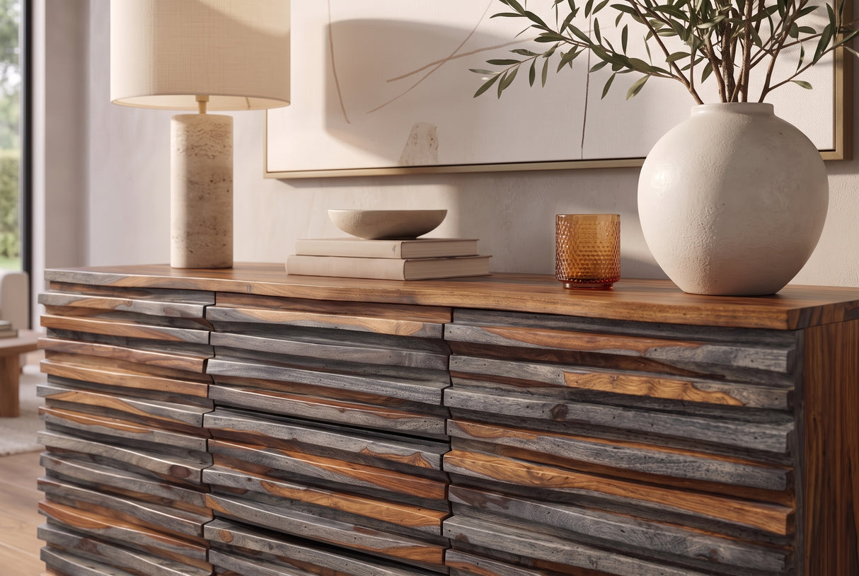 Sideboard RELIEF 160cm sheesham wood smoke finish