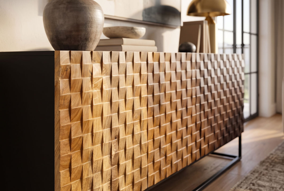 Sideboard SHADES 180cm 3D-Front Mangoholz mehrfarbig braun mit schwarzem Metallgestell