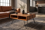Coffee table SCORPION 60cm w/ open storage space sheesham wood brown stone finish hairpin legs