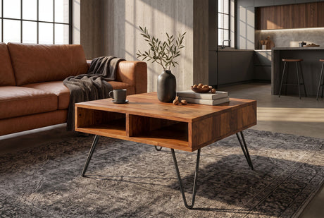 Coffee table SCORPION 60cm w/ open storage space sheesham wood brown stone finish hairpin legs