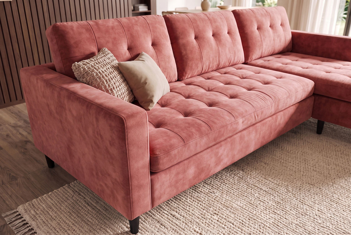Corner sofa STOCKHOLM 220cm 3-seater w/ ottoman button tufted look velvet dusky pink