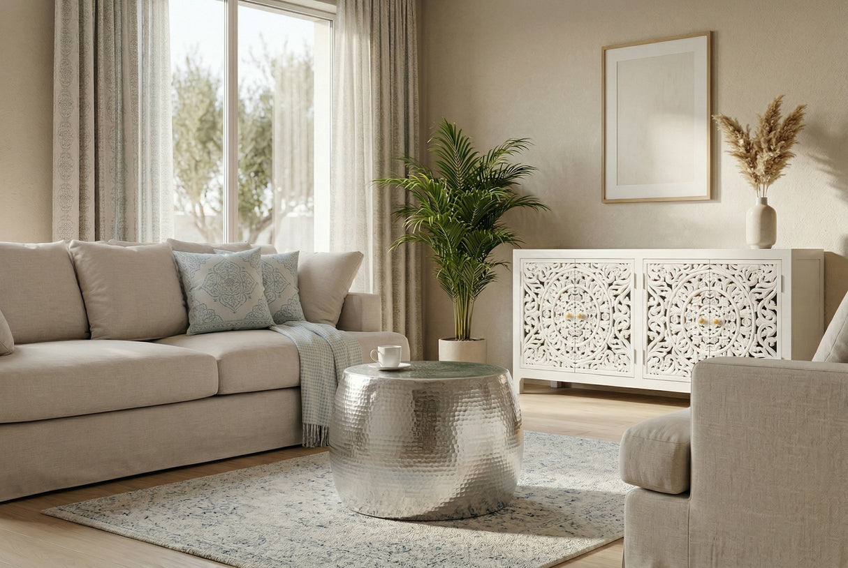 Coffee table ORIENT 60cm hammer stroke effect silver