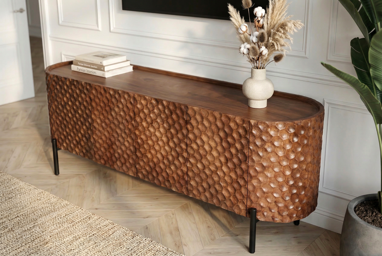 TV-Board ADLON 160cm 3D Mango Massivholz mit schwarzem Gestell