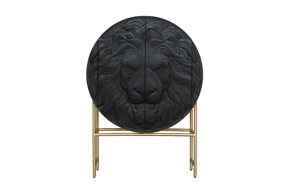 Highboard LION 140cm 3D Mangoholz schwarz goldener Rahmen