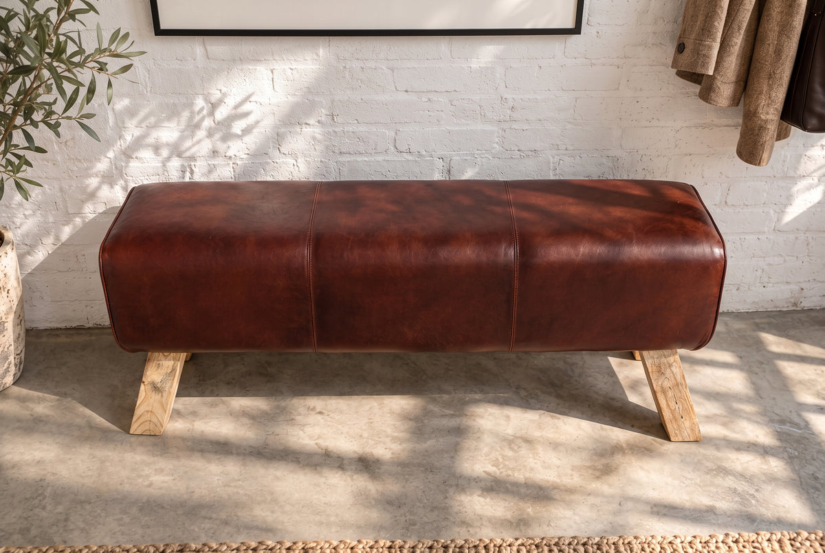 Bench TURNBOCK 120cm upholstered seat mango wood natural genuine leather coffee brown