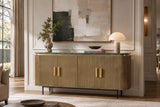 Sideboard VENEZIANO 160cm Mangoholz und Marmorplatte grün Messing