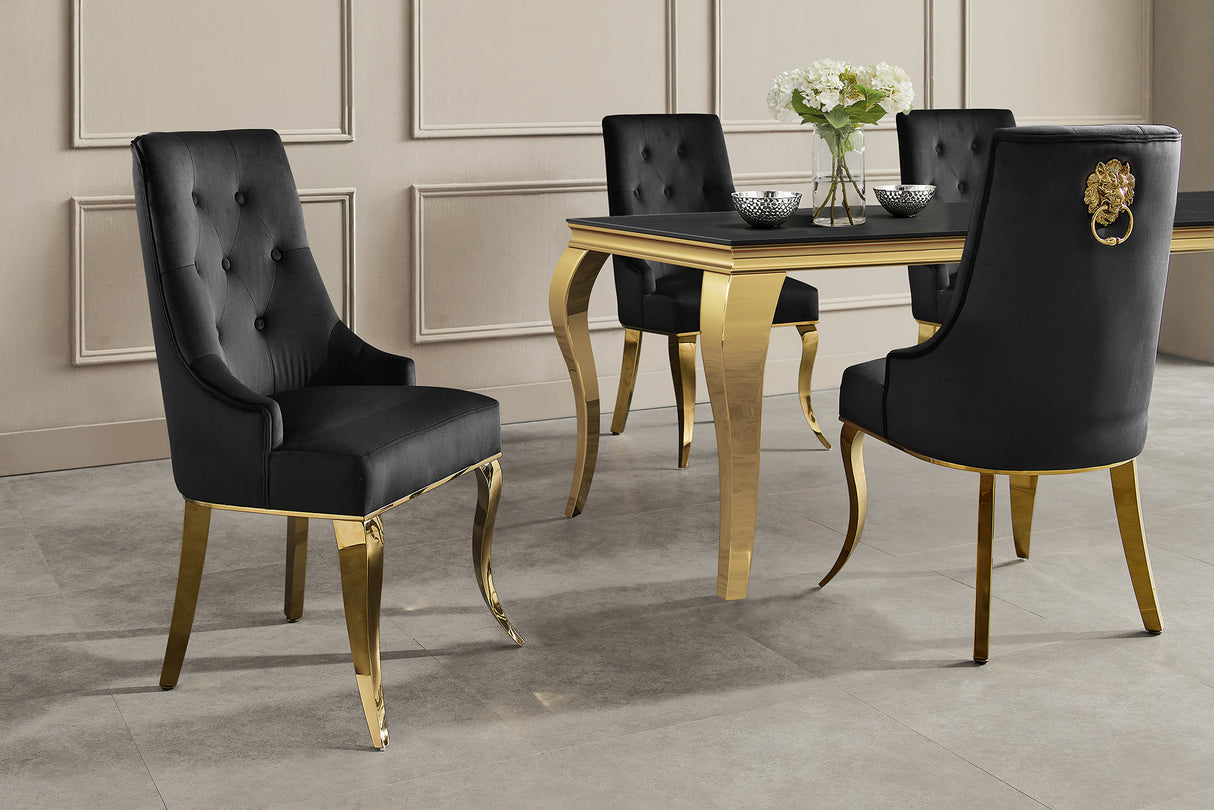 Chair MODERN BAROCK w/ lion´s head handle stainless steel legs gold velvet black