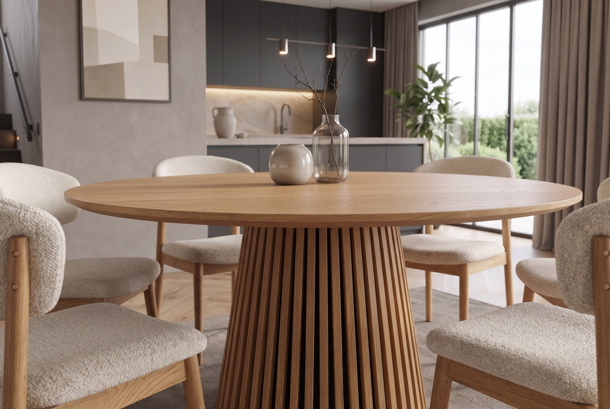 Dining table VALHALLA WOOD Ø 140cm round fluted pedestal base oak wood veneered natural