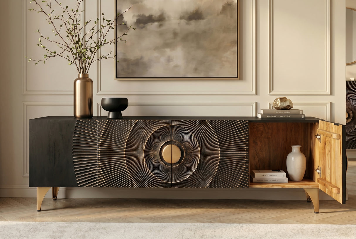 TV-Board GOLDEN SUNSET 180cm 3D Mangoholz schwarz