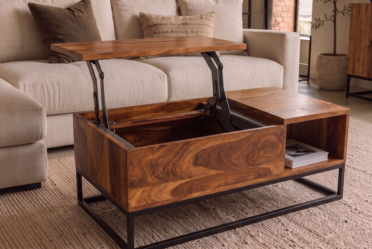 Coffee table MAKASSAR FUNCTION 110cm height adjustable sheesham natural
