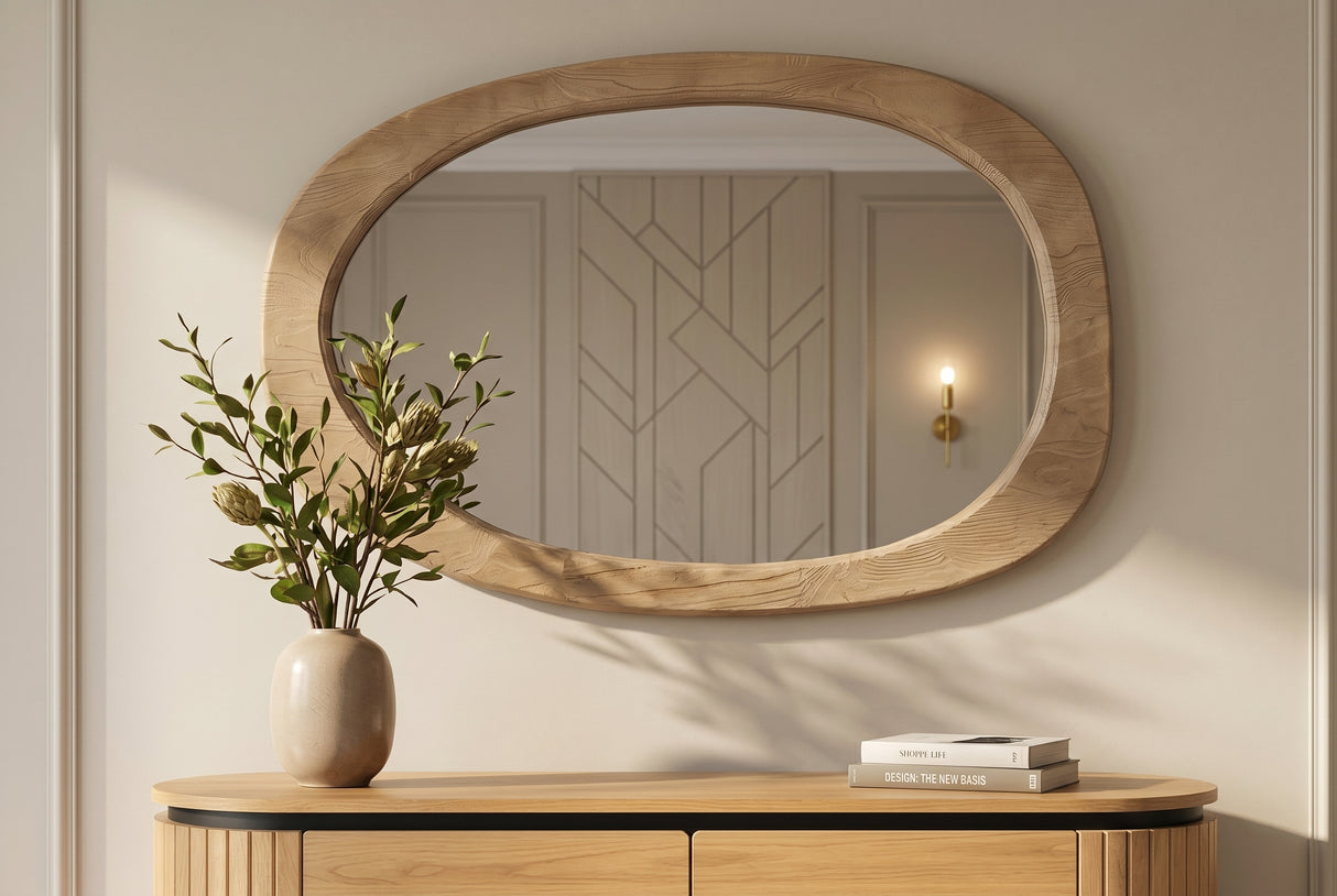 Wallmirror ORGANIC 105cm oval pine wood natural beige