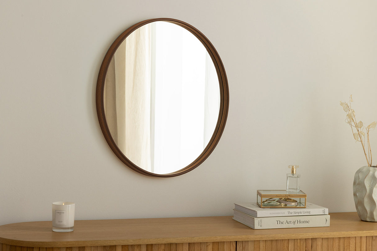 Wall mirrow PORTRAIT 70cm round walnut wood veneered