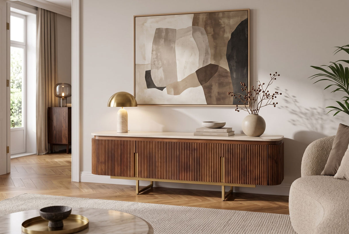 TV-Board GATSBY 160cm retro style mango wood travertine top brown gold
