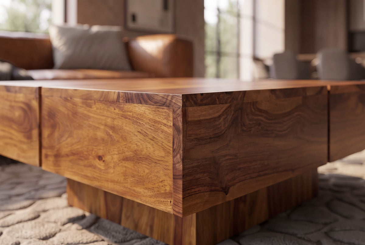 Coffee table BOLT 70cm square pedestal base sheesham wood brown stone finish