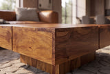 Coffee table BOLT 70cm square pedestal base sheesham wood brown stone finish