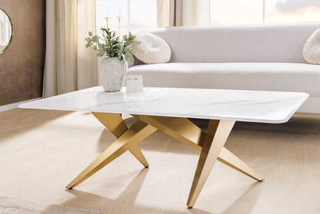 Couchtisch ART LIVING 130cm Keramikplatte aus weißem Marmor mit champagnergoldenem Rahmen