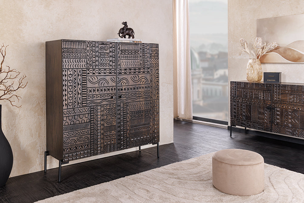 Highboard TRIBAL 120cm 3D Antik-Look Mangoholz dunkelbraun