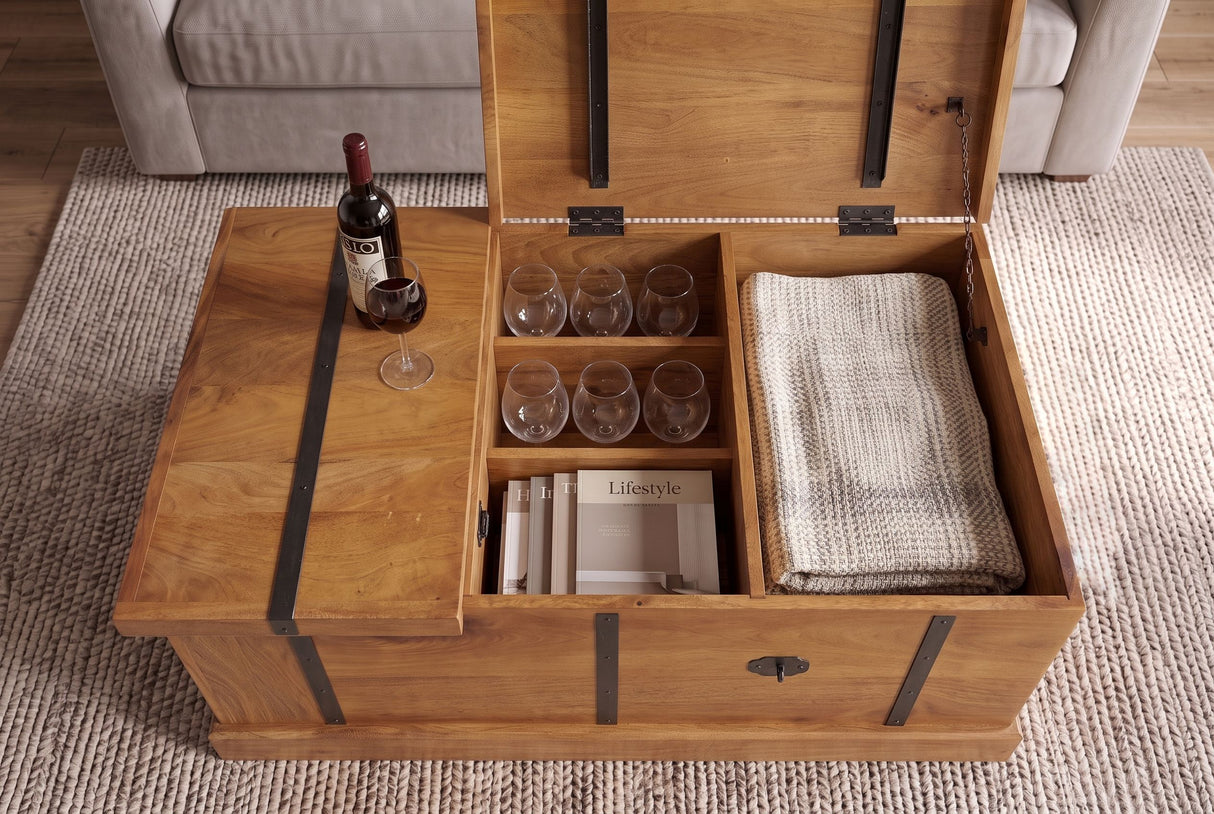Couchtisch BODEGA 100cm mit Weinregal und Stauraum Mangoholz Honig-Finish