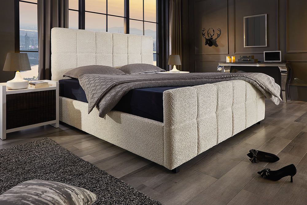 Bett PRESTIGE 180x200cm Bouclé cremefarben mit Stauraum