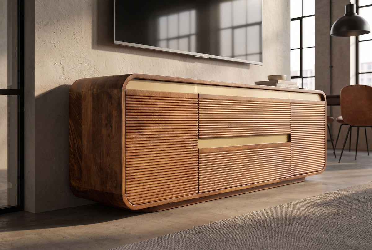 TV-Board MONZA 160cm w/ cable management fluted front rounded edges brown mango wood gold details