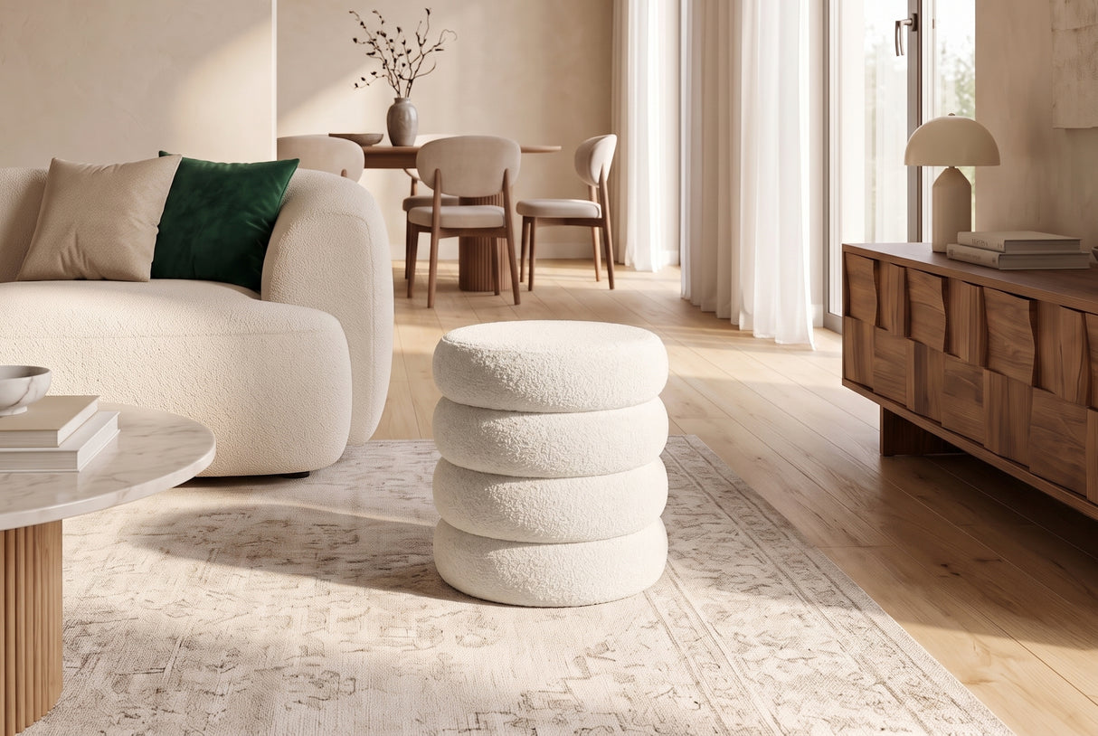 Stool VOGUE 40cm round upholstered w/ storage space bouclè white
