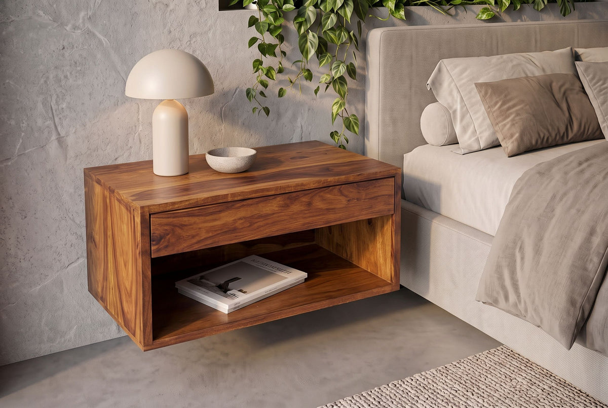 Nachtschrank LAGOS 50cm hängend Sheesham massiv braun Stein-Finish