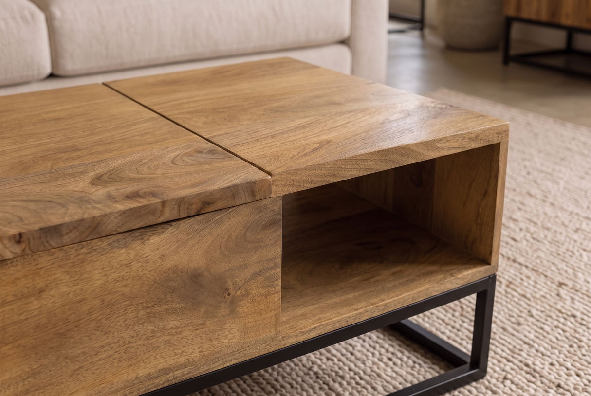 Coffee table MAKASSAR FUNCTION 110cm height adjustable mango wood natural creamy w/ storage space