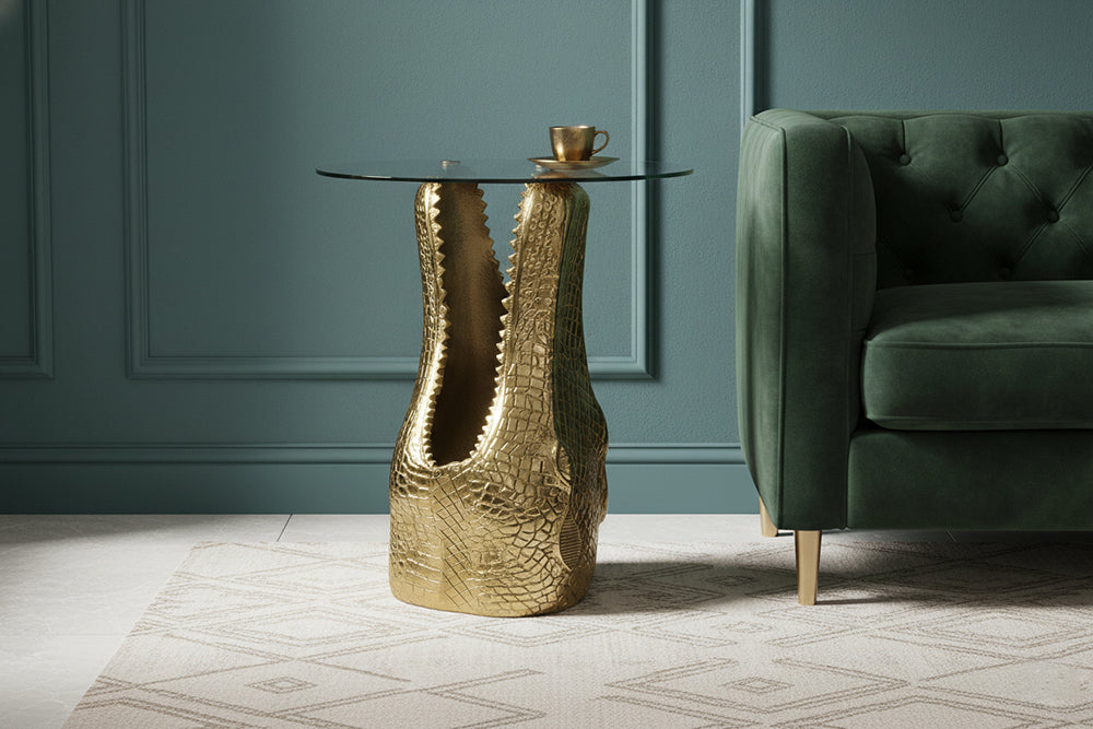 Side table WILDLIFE CROCODILE 50cm round coffee table tempered glass gold