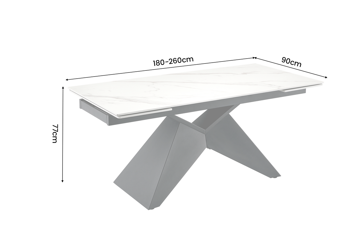 Dining table DIAMOND 180-260cm extendable ceramic matt white marble look w/ geometric black base