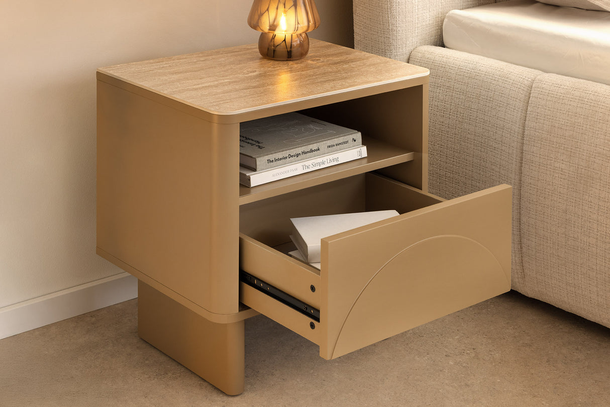Bedside table SAVOY 50cm 3D natural w/ travertine marble ceramic top