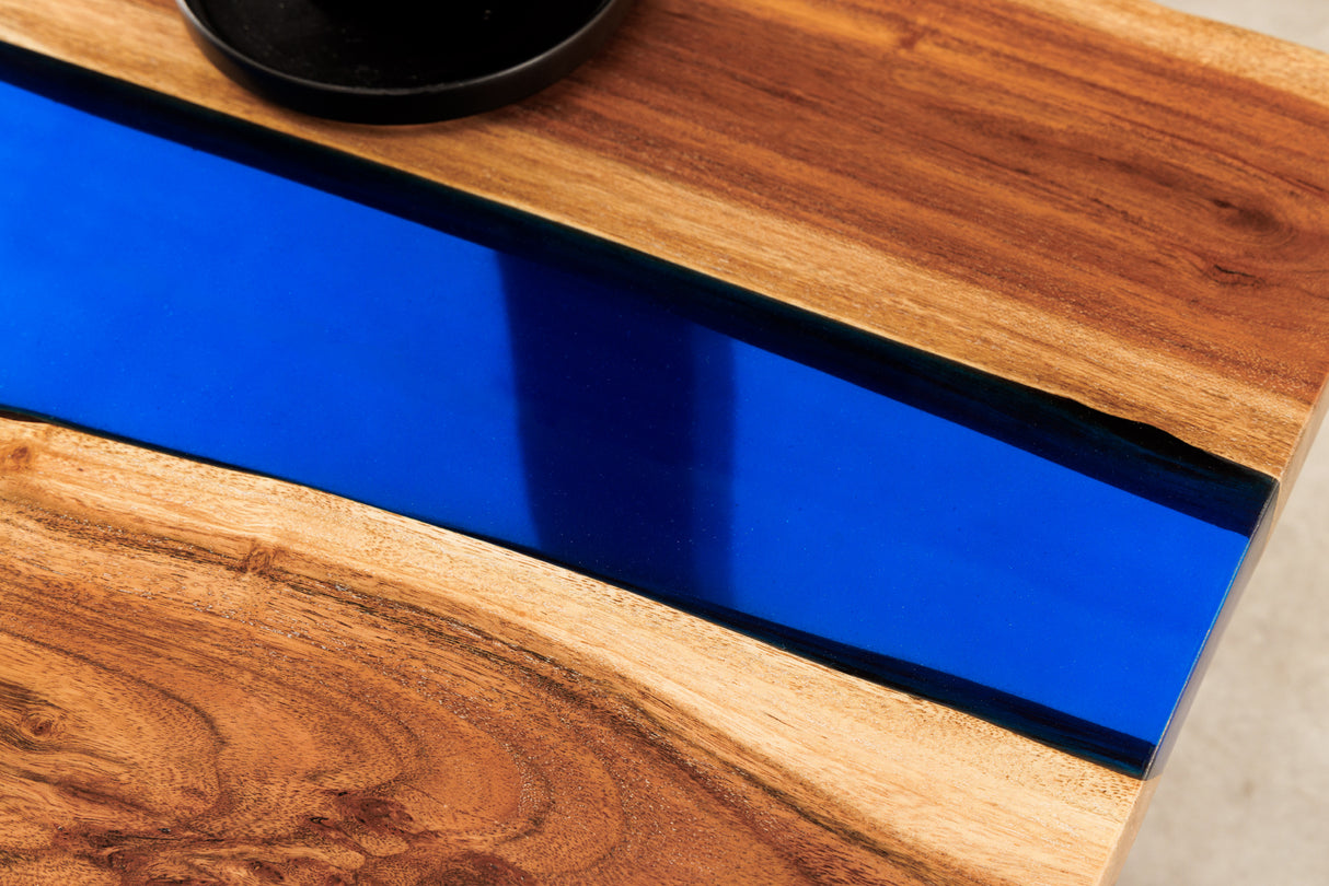 Coffee table LIQUID 110cm acacia wood blue epoxy strip