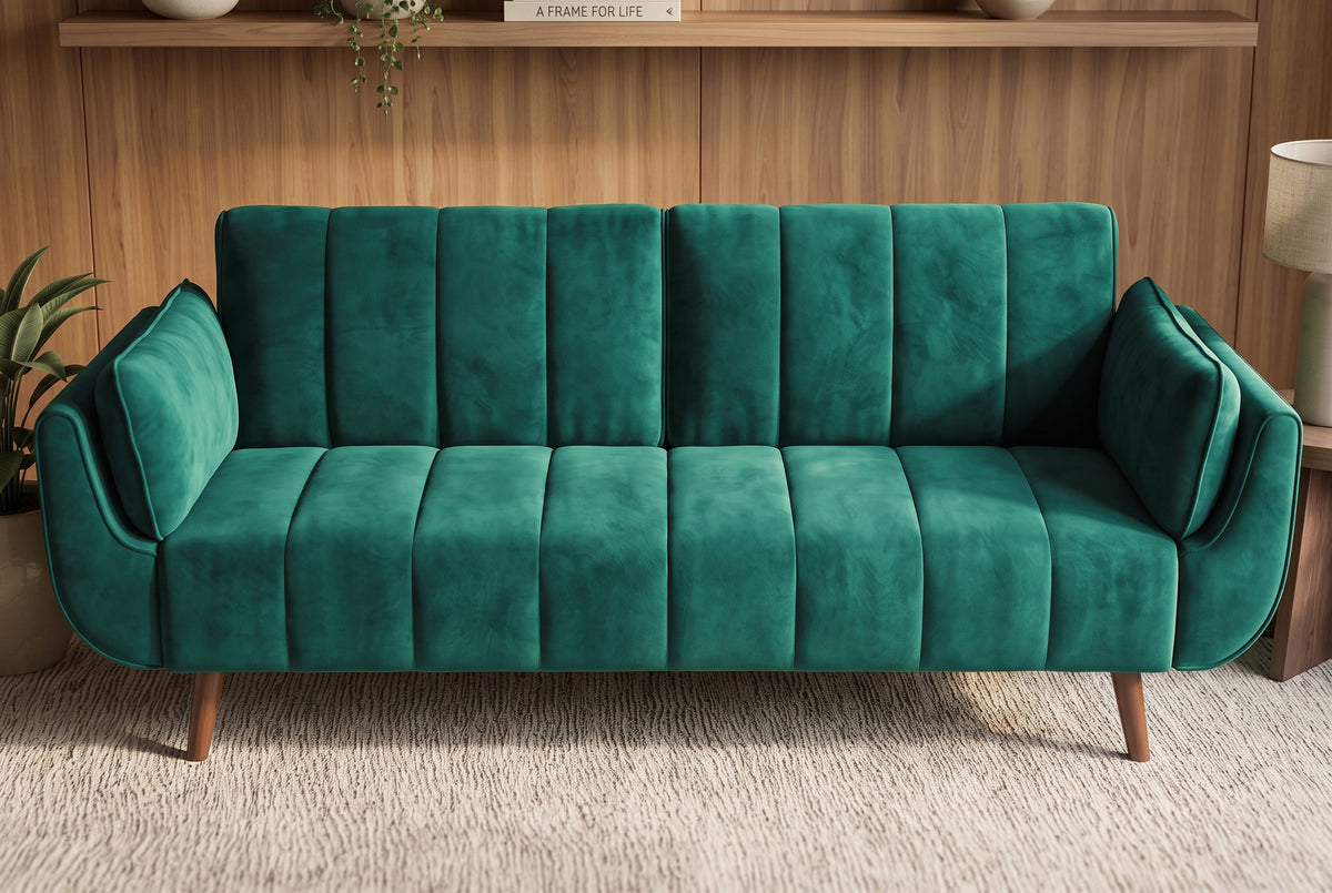 Sofa bed DIVANI 220cm 3-seater w/ armrest cushions velvet emerald green wood feet