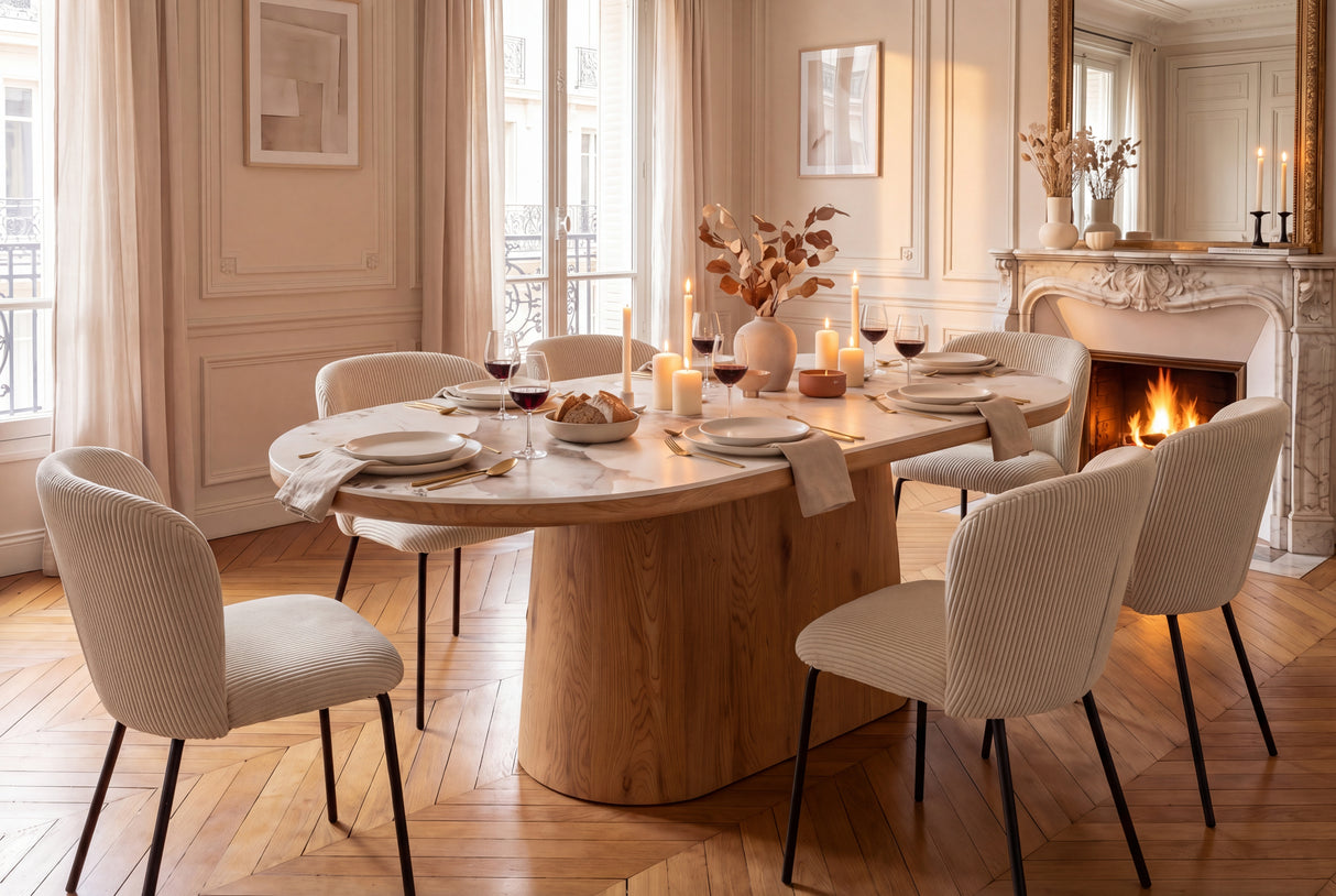 Dining table UNIQUE 200cm oval oak wood verneered w/ ceramic top white marble light brown