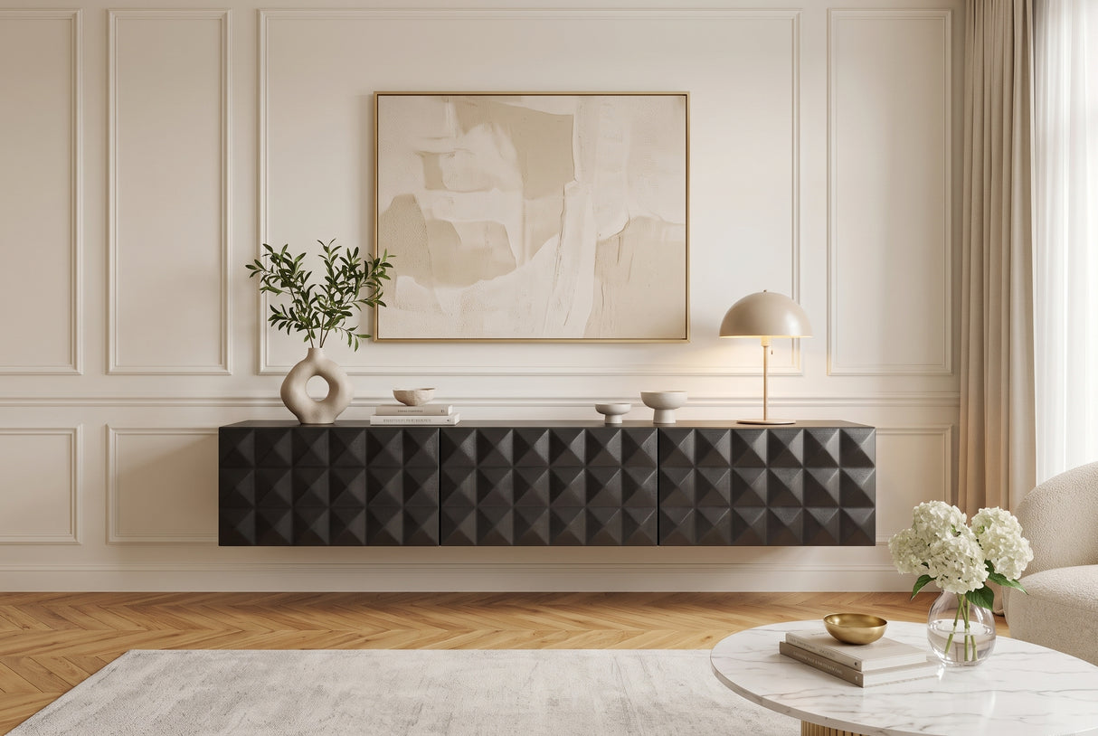 TV-Board VULCANO 160cm 3D hängend mit Kabelloch Mangoholz schwarz