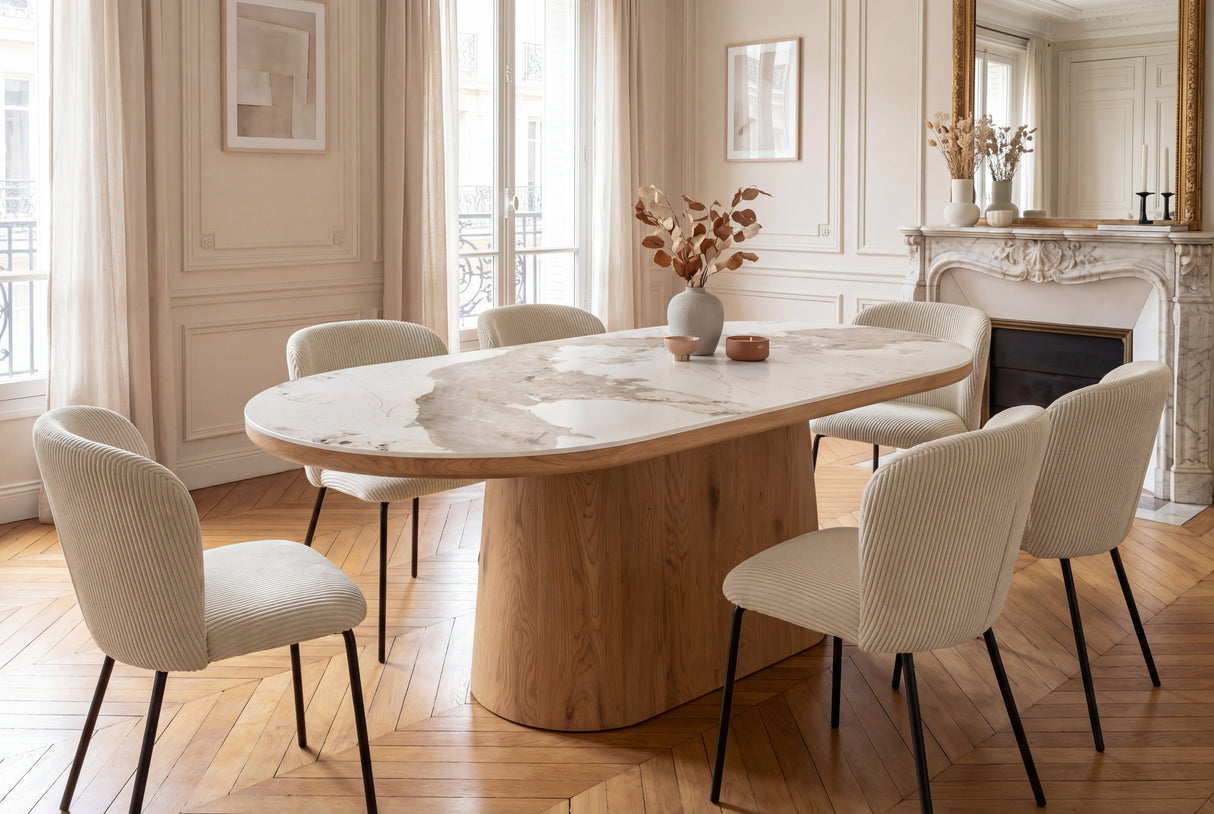 Dining table UNIQUE 200cm oval oak wood verneered w/ ceramic top white marble light brown