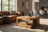 Coffee table GIANT L 80x80cm w/ open storage shelf sheesham wood natural stone finish