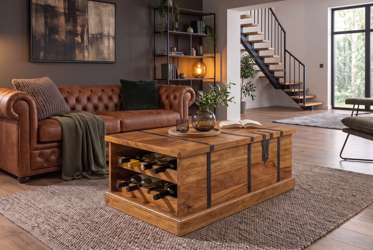 Coffee table BODEGA 100cm w/ wine shelf and storage space sheesham wood brown