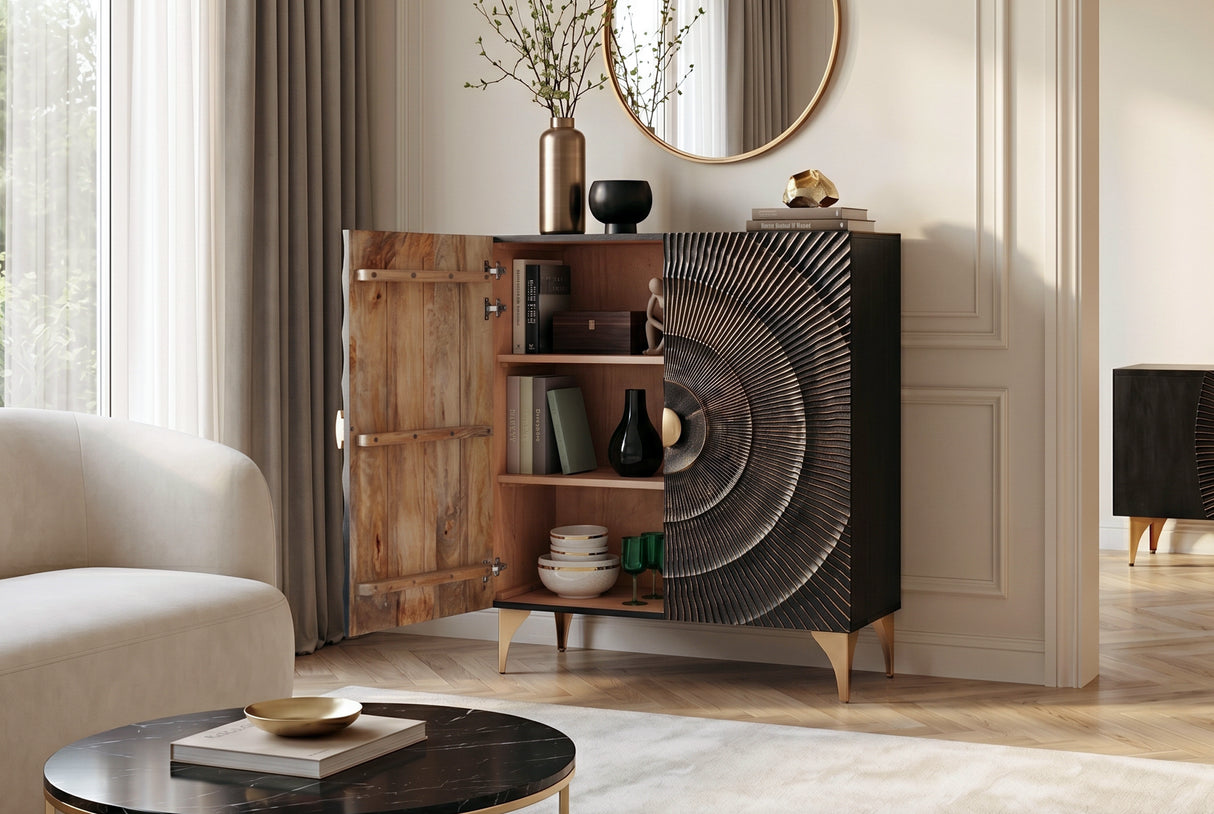 Highboard GOLDEN SUNSET 120cm 3D Mangoholz schwarz gold