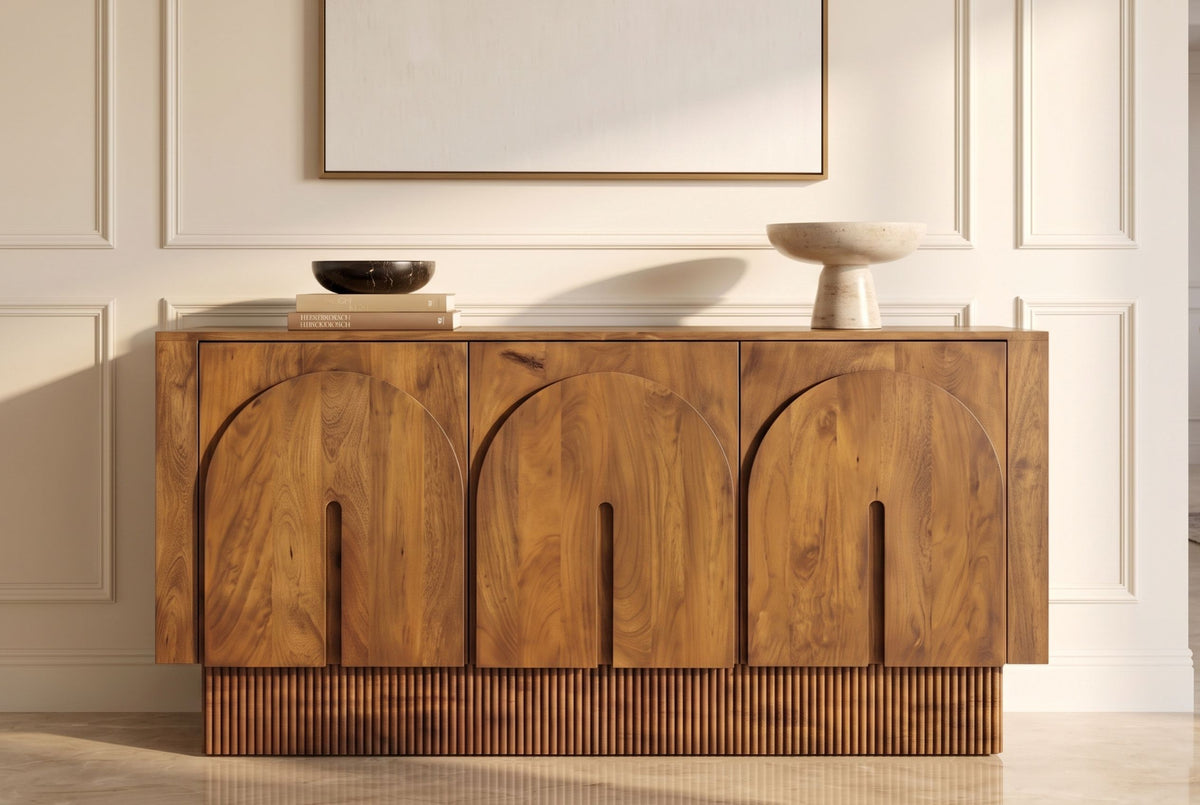 Sideboard ARCADIA 160cm arched front fluted pedestal base mango wood brown